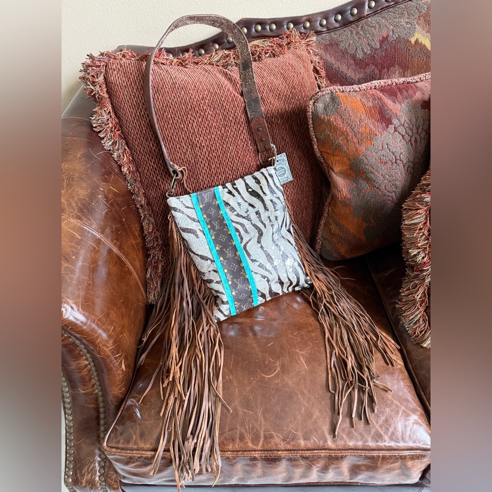 Keep It Gypsy Acid Wash Cowhide Genuine Design Patch Leather Fringe Crossbody